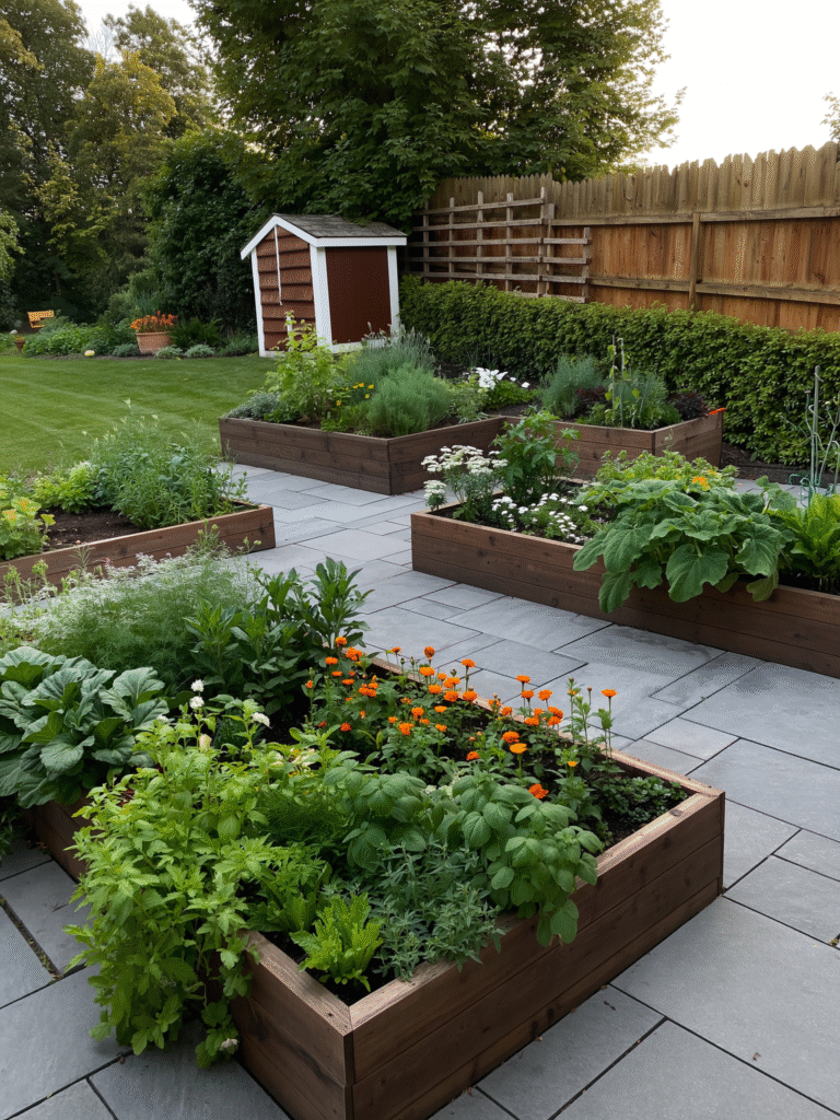 (image prompt: a raised bed bent into a U shape with an entry path in the middle)