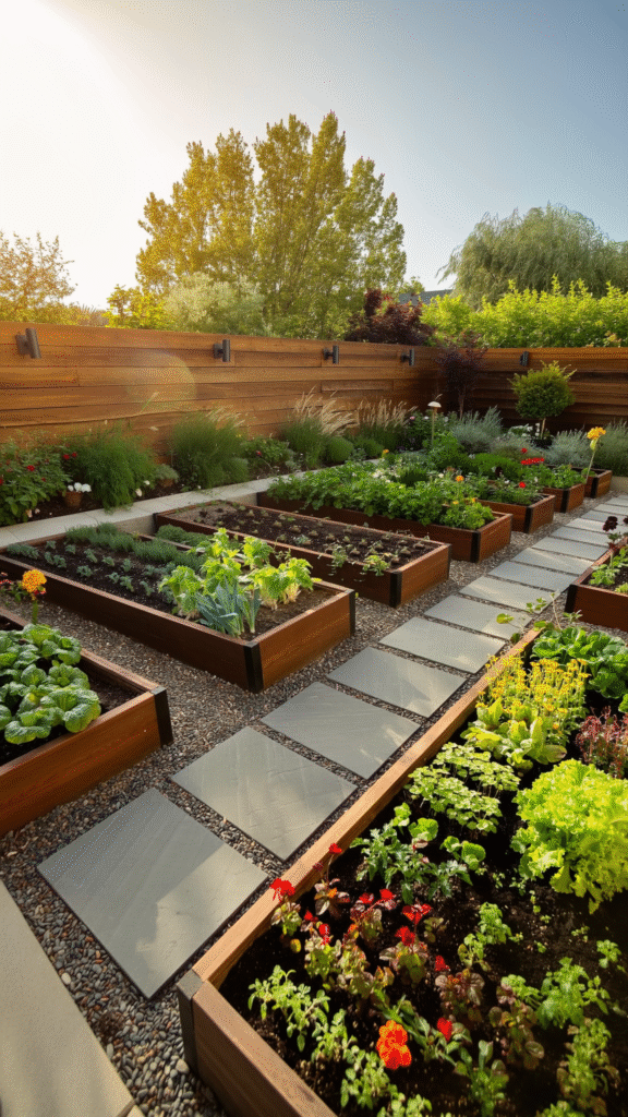 a raised bed divided into a grid with strings, each square hosting different vegetables